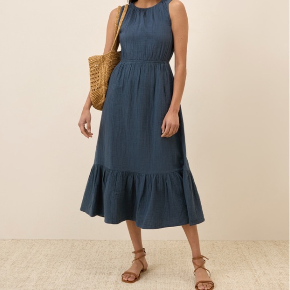 PACT Double Gauze Tiered Midi Dress Women's French blue Sleeveless Cotton small
